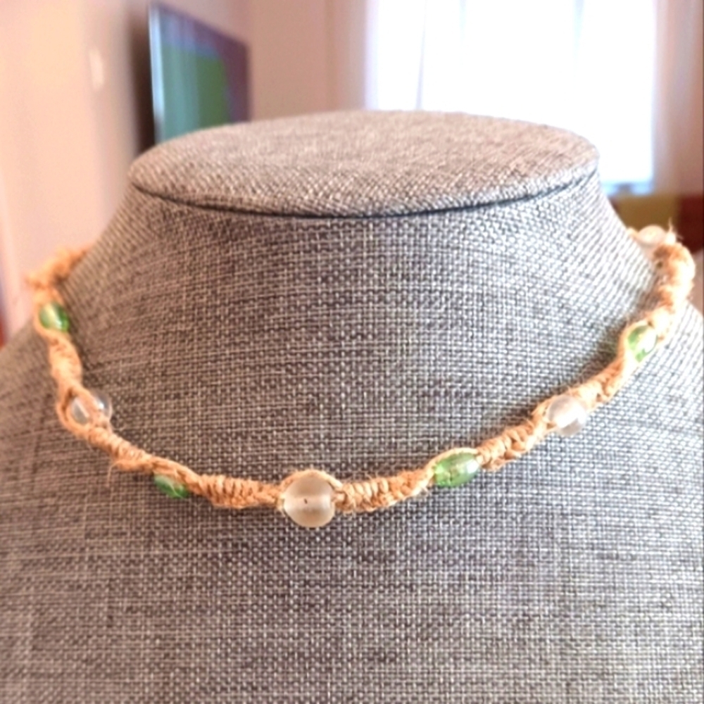 Macrame Hemp Choker with Green and Clear Beads - New Item (up to 14")
